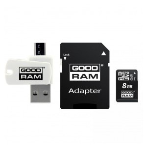 GOODRAM ALL IN ONE MICRO SD 8GB CLASSE 10 + LETTORE CARD OTG USB + ADATTATORE SD